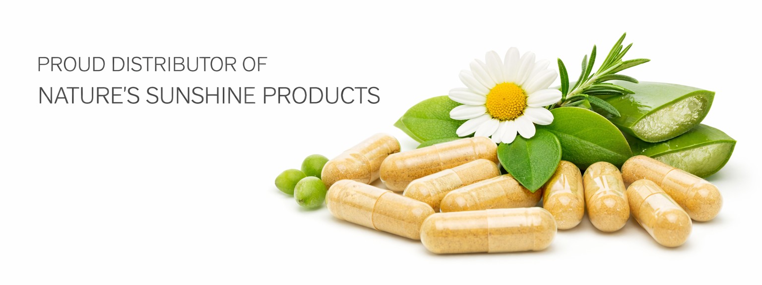 Nature's Sunshine Products promotional banner with capsules, green leaves, aloe, and white flower on a light background.